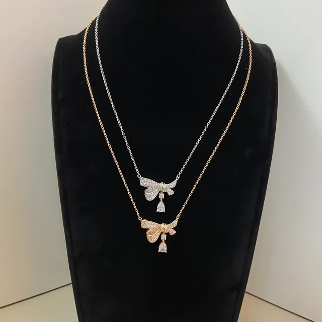 Gold Silver Bow-Shaped Pendant Pavé-Set Stones Necklace 3