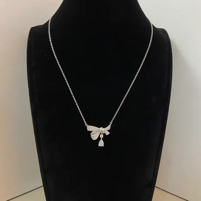 Gold Silver Bow-Shaped Pendant Pavé-Set Stones Necklace 4