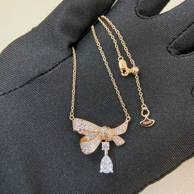 Gold Silver Bow-Shaped Pendant Pavé-Set Stones Necklace 6