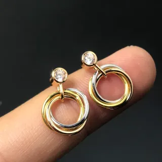 Brincos de ouro prata dupla tom aros interligados bezel-set pedras redondas