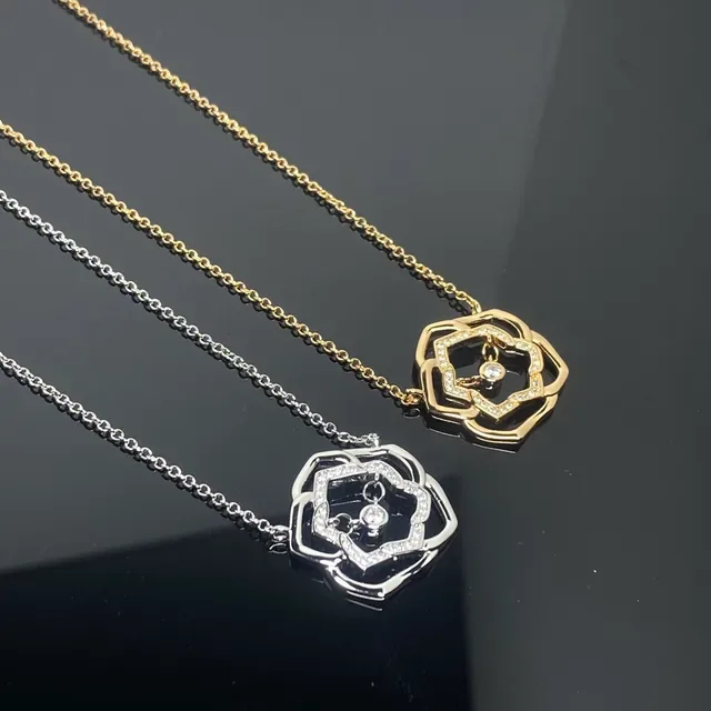 Gold Silver Floral Openwork Pendant Pavé-Set Stones Necklace 2