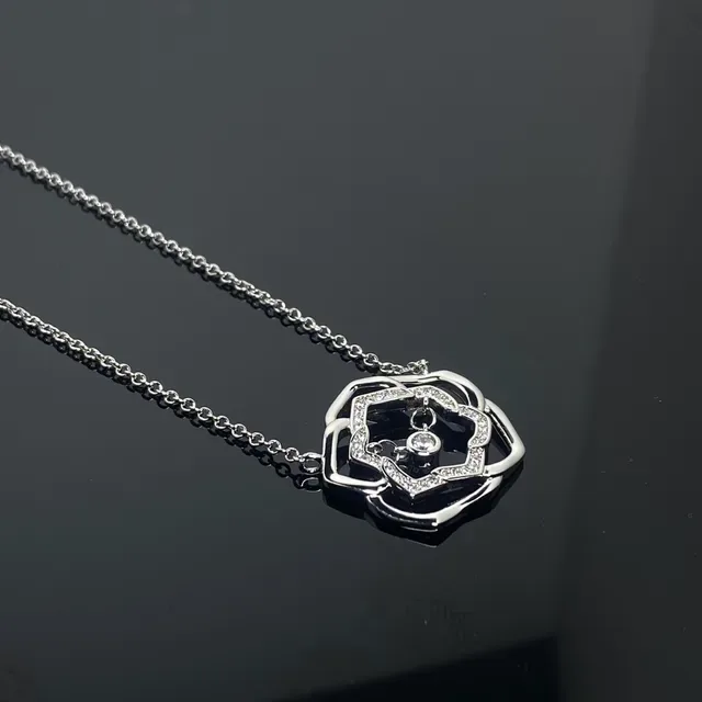 Gold Silver Floral Openwork Pendant Pavé-Set Stones Necklace 4