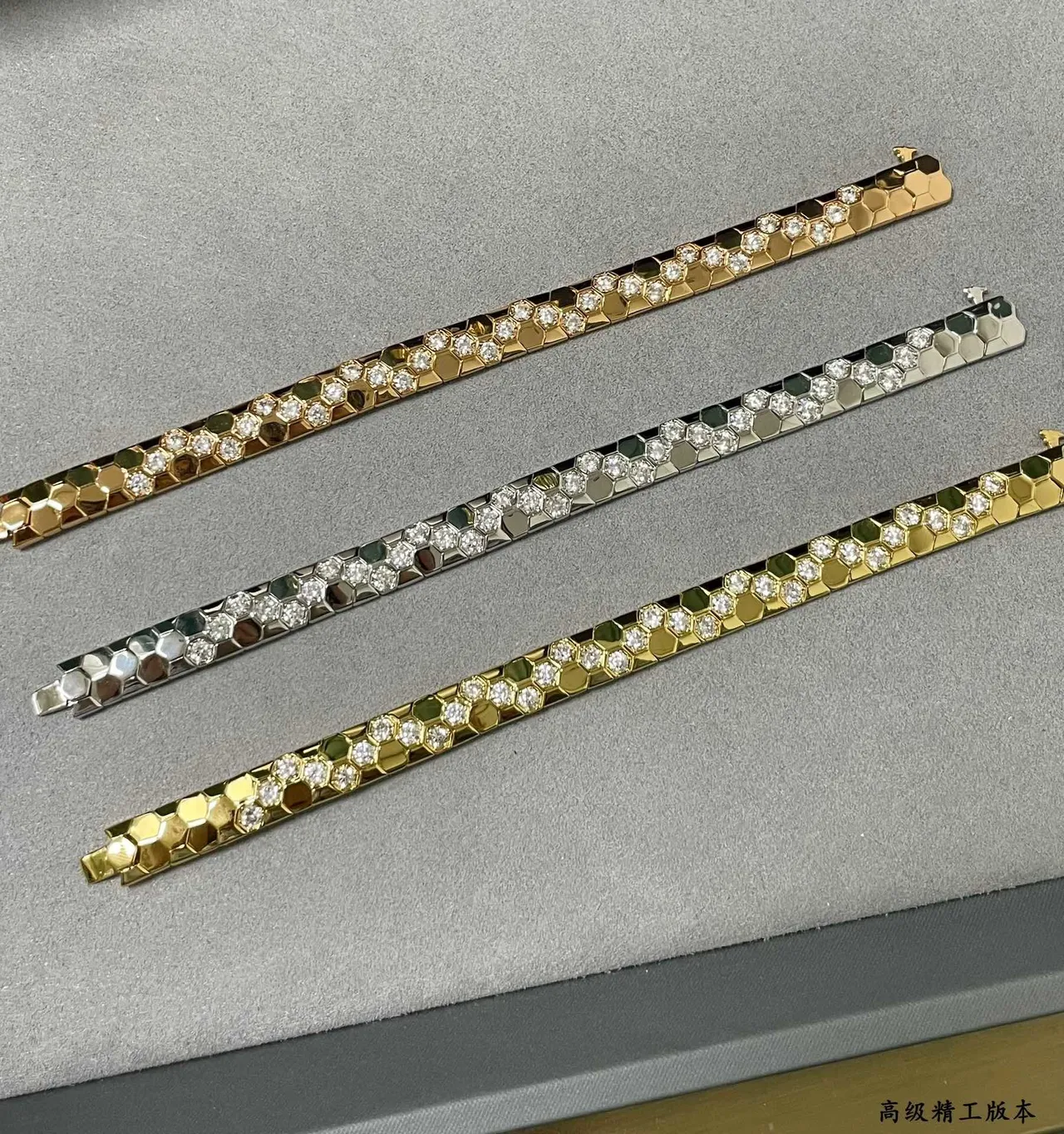 Gold Silver Hexagonal Honeycomb Motif Pavé-Set Clear Stones Necklace 3