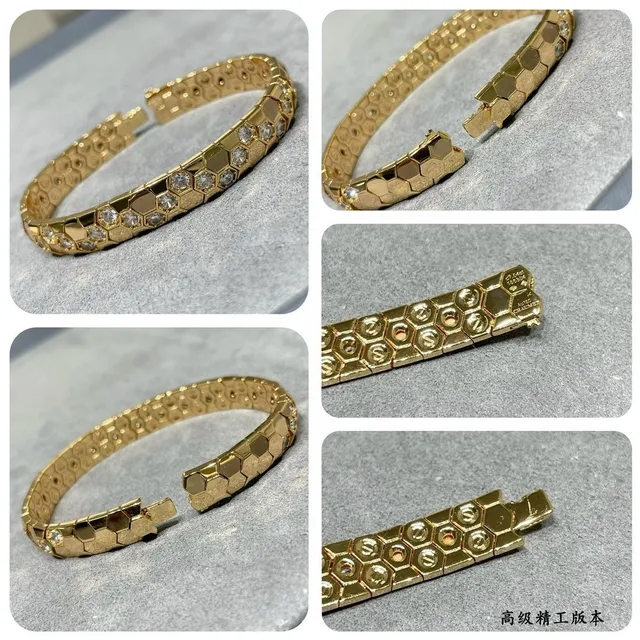 Gold Silver Hexagonal Honeycomb Motif Pavé-Set Clear Stones Necklace 6