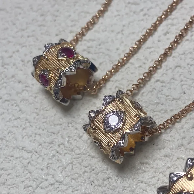 Gold Silver Textured Cylinder Spiky Bezel Necklace 6
