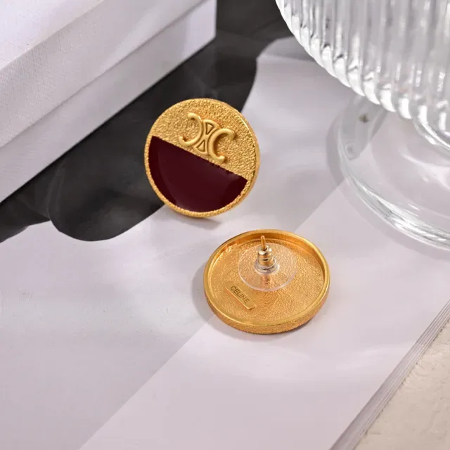 Gold-Tone and Red Enamel Two-Tone Circular Stud Earrings 4