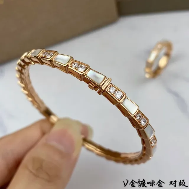 Gold-Tone Bamboo-Link Mother-of-Pearl and Crystal Inlay Bangle Bracelet 7