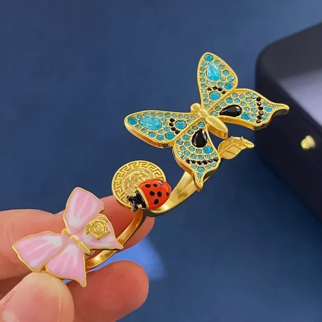 Gold-Tone Enamel and Crystal Butterfly Ladybug Medusa Motif Rings 2