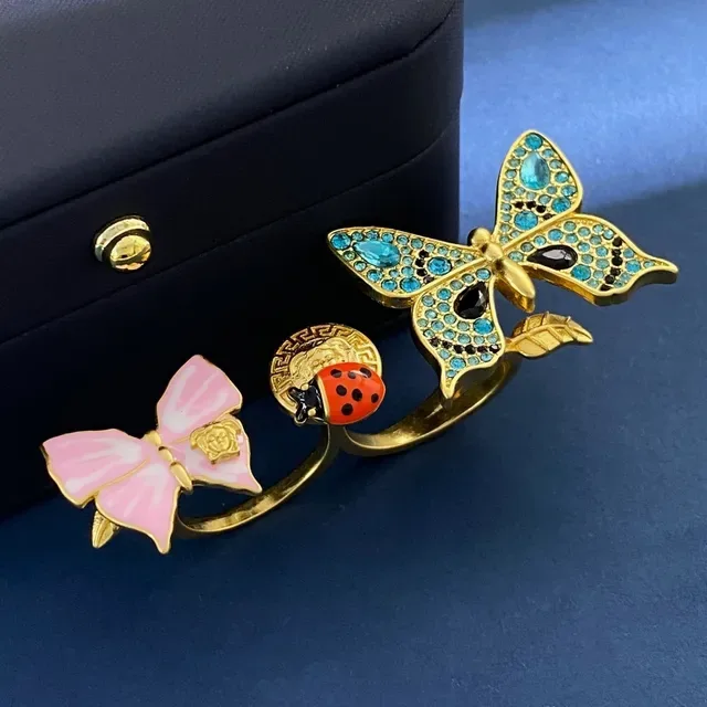 Gold-Tone Enamel and Crystal Butterfly Ladybug Medusa Motif Rings 4