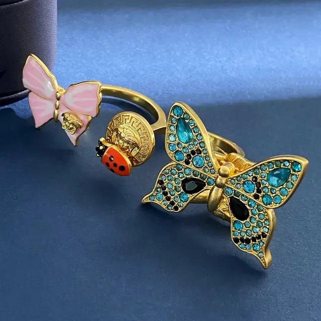 Gold-Tone Enamel and Crystal Butterfly Ladybug Medusa Motif Rings 5