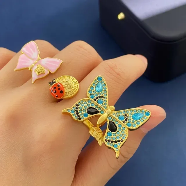 Gold-Tone Enamel and Crystal Butterfly Ladybug Medusa Motif Rings 6