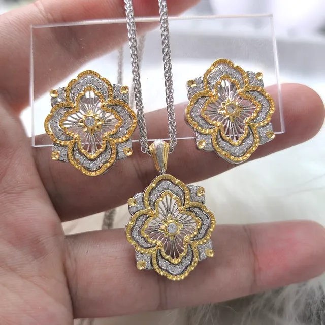 Gold-Tone Enamel Floral Quatrefoil Pendant Necklaces 6