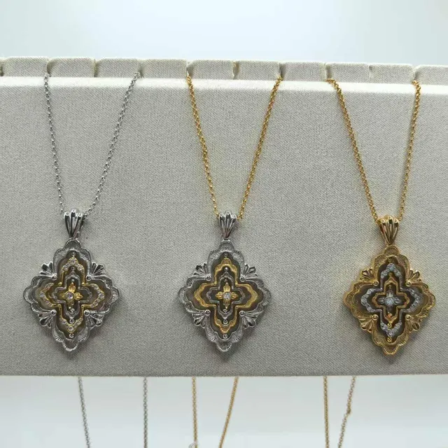 Gold-Tone Enamel Floral Quatrefoil Pendant Necklaces 8