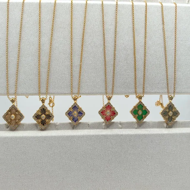 Gold-Tone Enamel Floral Quatrefoil Pendant Necklaces 9