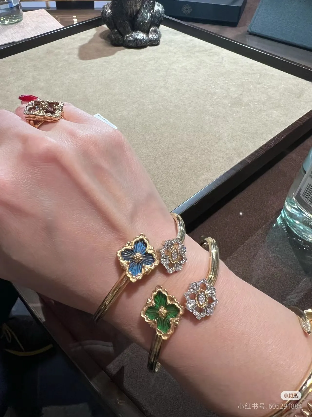 Gold-Tone Floral Enamel and Pavé Stone Open Bangle Bracelets 3