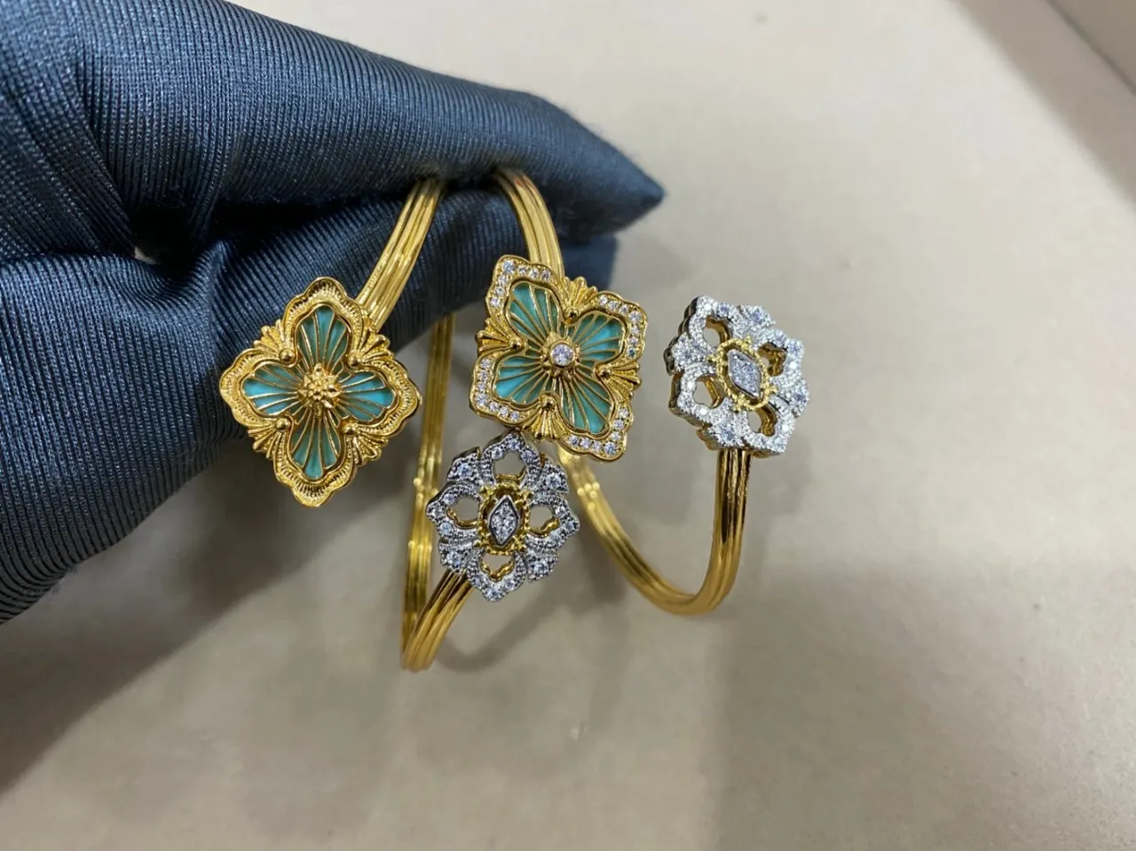 Gold-Tone Floral Enamel and Pavé Stone Open Bangle Bracelets 5