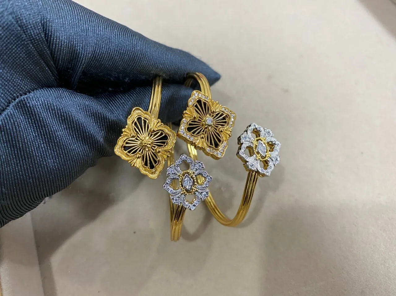 Gold-Tone Floral Enamel and Pavé Stone Open Bangle Bracelets 6