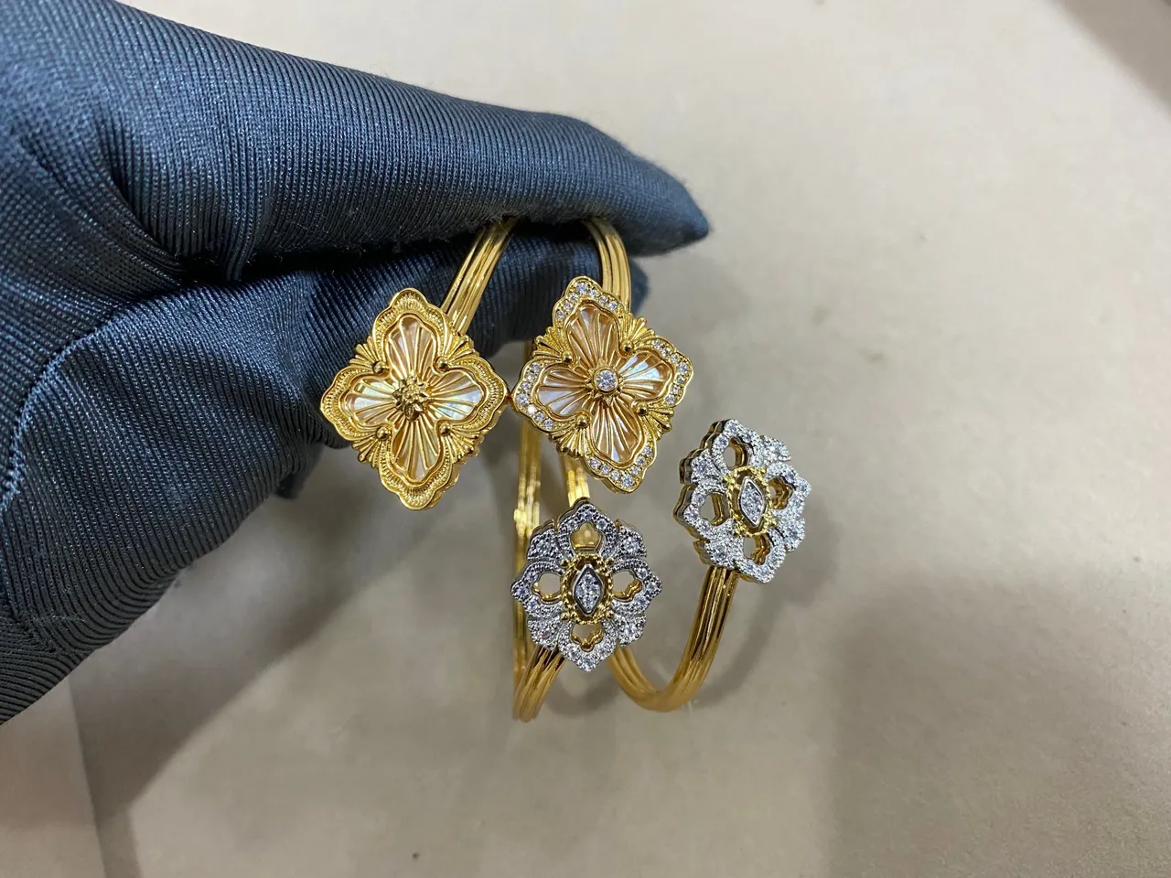 Gold-Tone Floral Enamel and Pavé Stone Open Bangle Bracelets 7