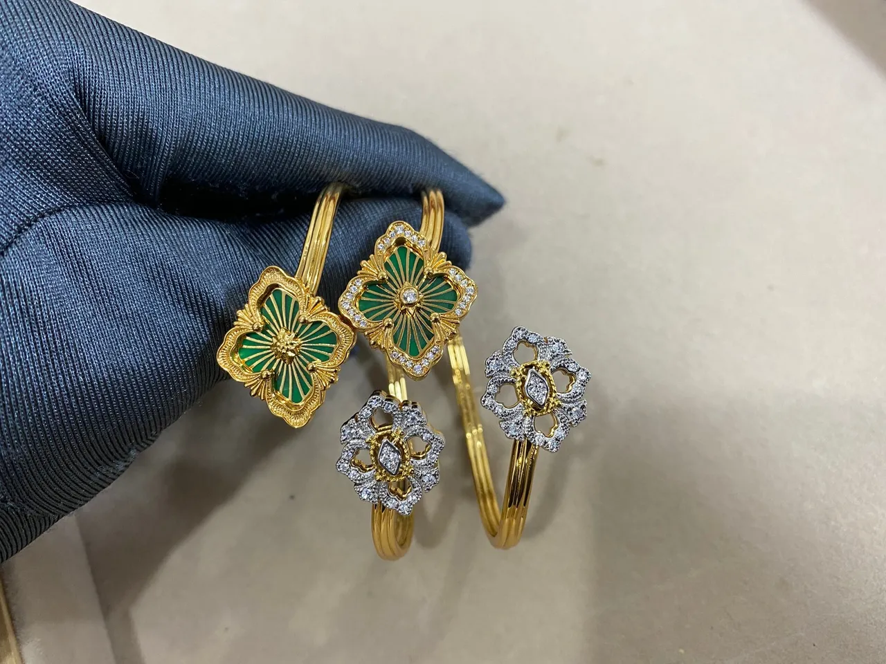 Gold-Tone Floral Enamel and Pavé Stone Open Bangle Bracelets 9