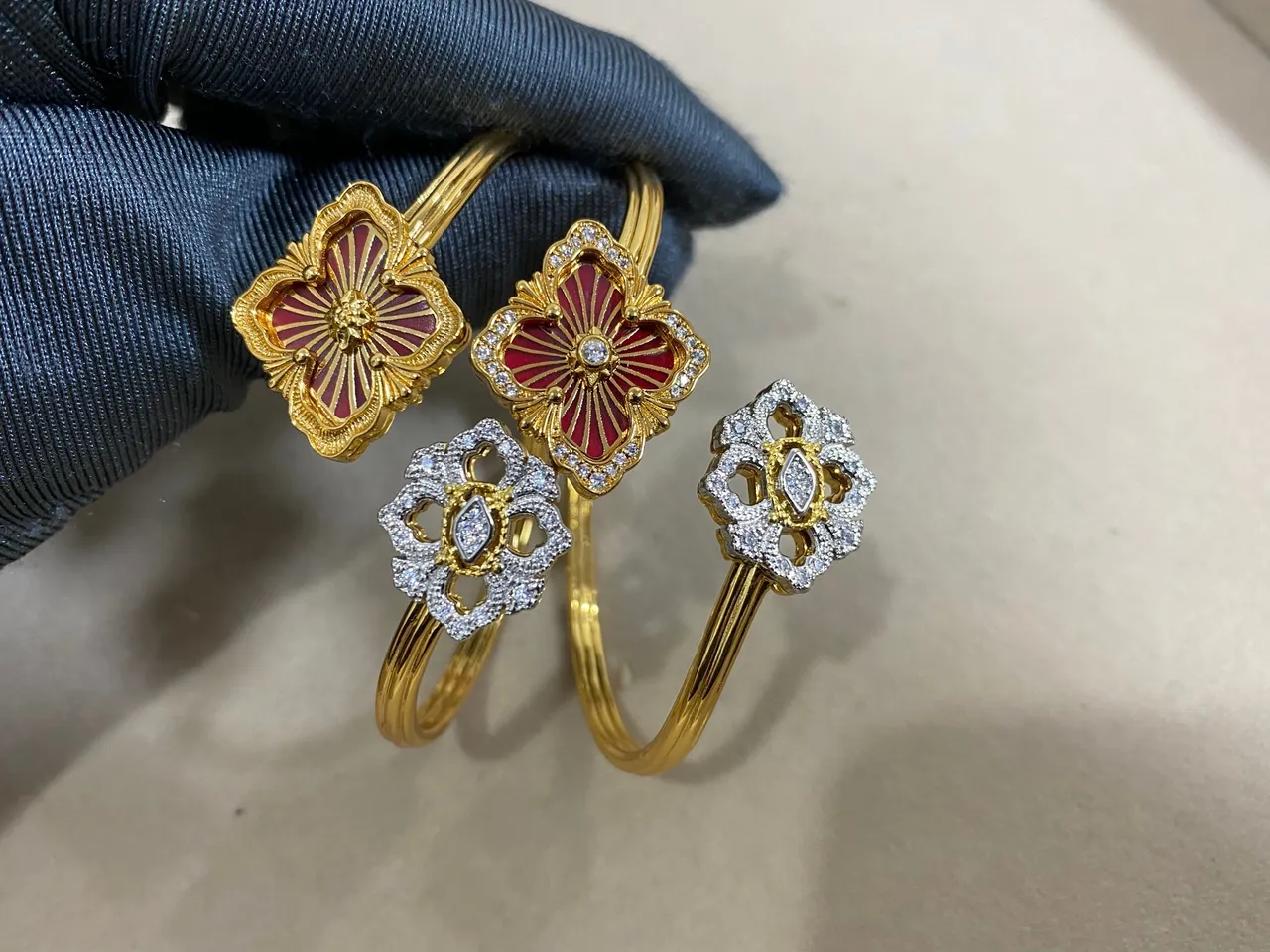 Gold-Tone Floral Enamel and Pavé Stone Open Bangle Bracelets 8