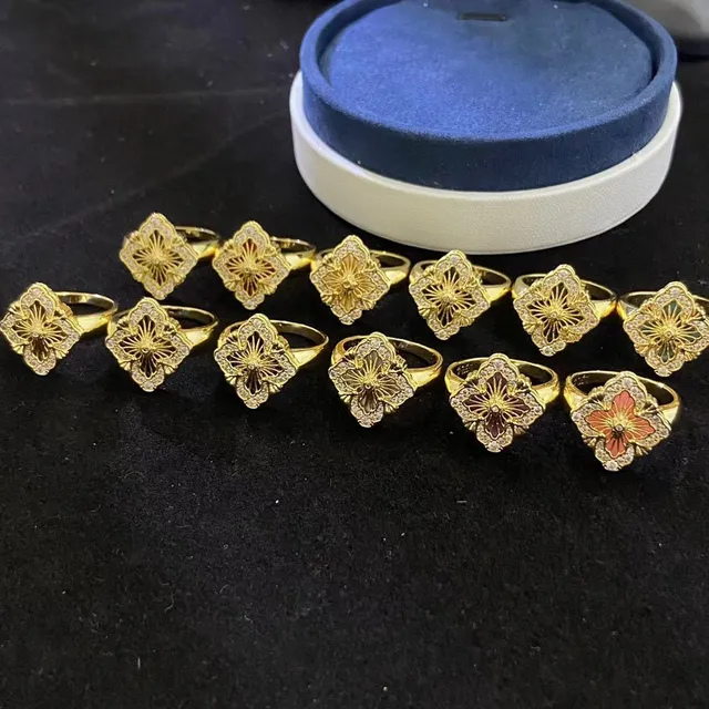 Gold-Tone Floral Quatrefoil Enamel Inlay Rings 2