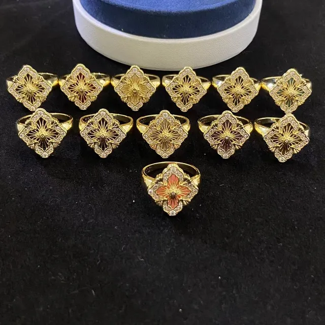 Gold-Tone Floral Quatrefoil Enamel Inlay Rings 4
