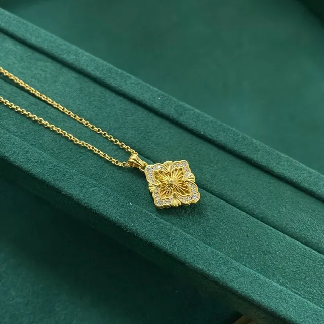 Gold-Tone Floral Quatrefoil Pave Crystal Pendant Necklaces 3