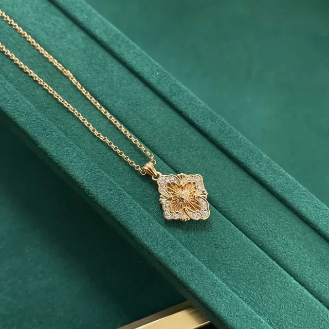 Gold-Tone Floral Quatrefoil Pave Crystal Pendant Necklaces 4