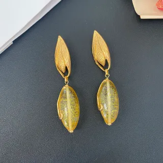 Gold-Tone Leaf Top Amber Resin Drop Earrings