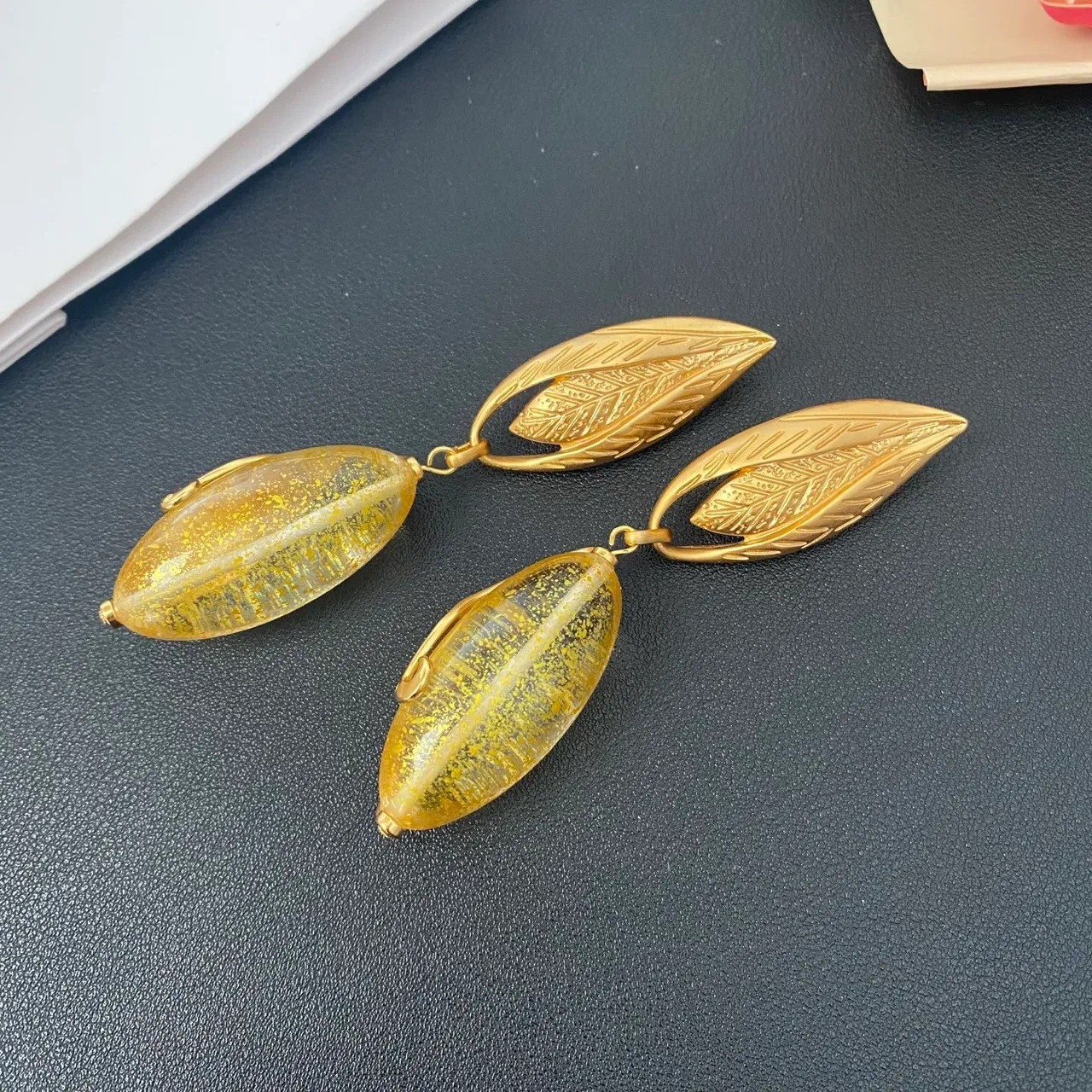 Gold-Tone Leaf Top Amber Resin Drop Earrings 4