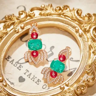 Gold-Tone Multi-Tier Emerald and Ruby Pavé Diamond Earrings