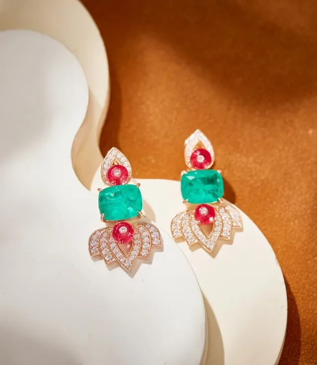 Gold-Tone Multi-Tier Emerald and Ruby Pavé Diamond Earrings 3