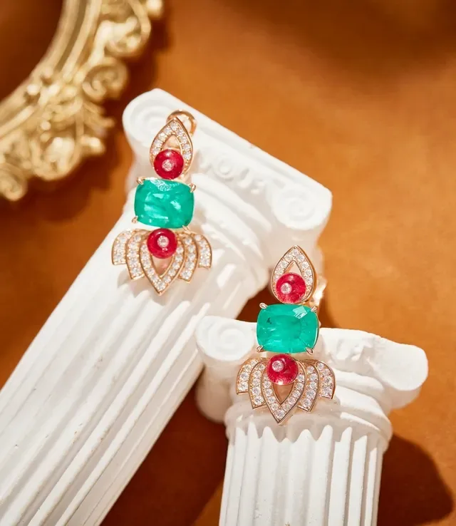 Gold-Tone Multi-Tier Emerald and Ruby Pavé Diamond Earrings 5