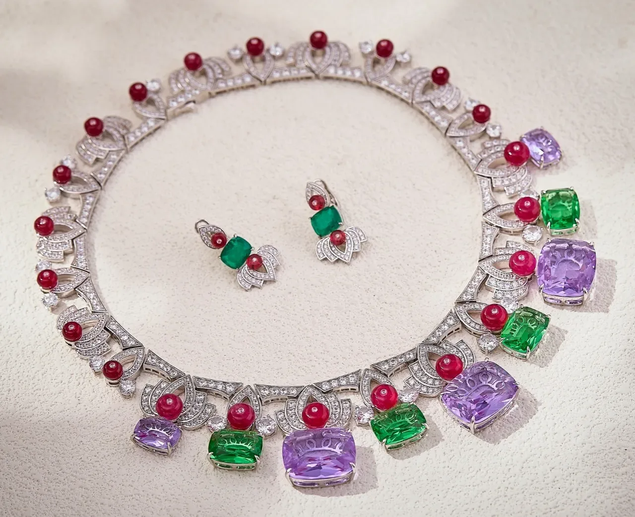 Gold-Tone Multi-Tier Emerald and Ruby Pavé Diamond Earrings 7