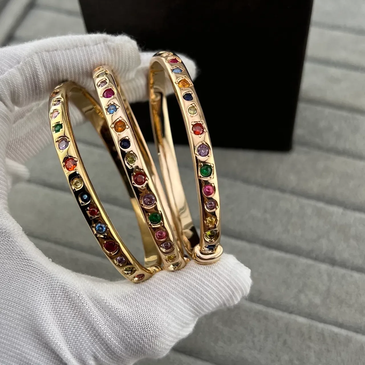 Gold-Tone Multicolor Gemstone Pavé Bangle Bracelets 4