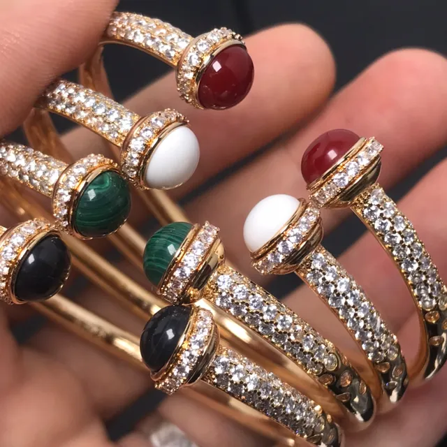 Gold-Tone Pavé Crystal Cabochon Gemstone Multi-Stone Bangle Bracelets 2