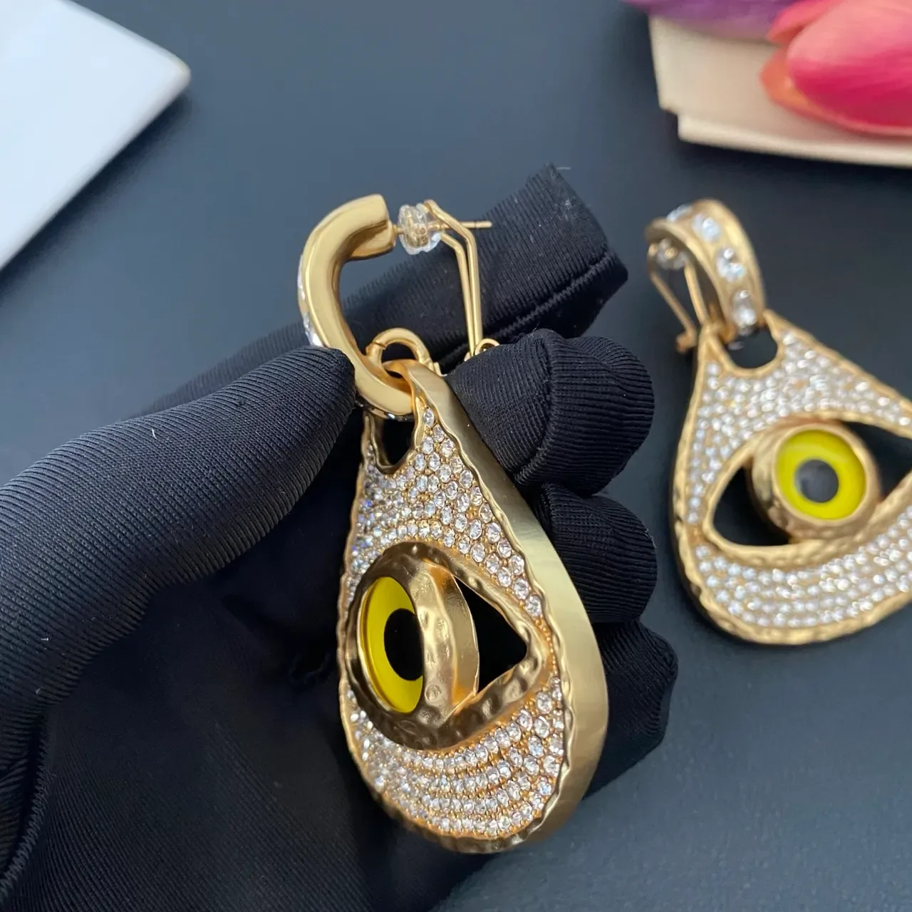 Gold-Tone Pavé Crystal Eye Motif Teardrop Earrings 5