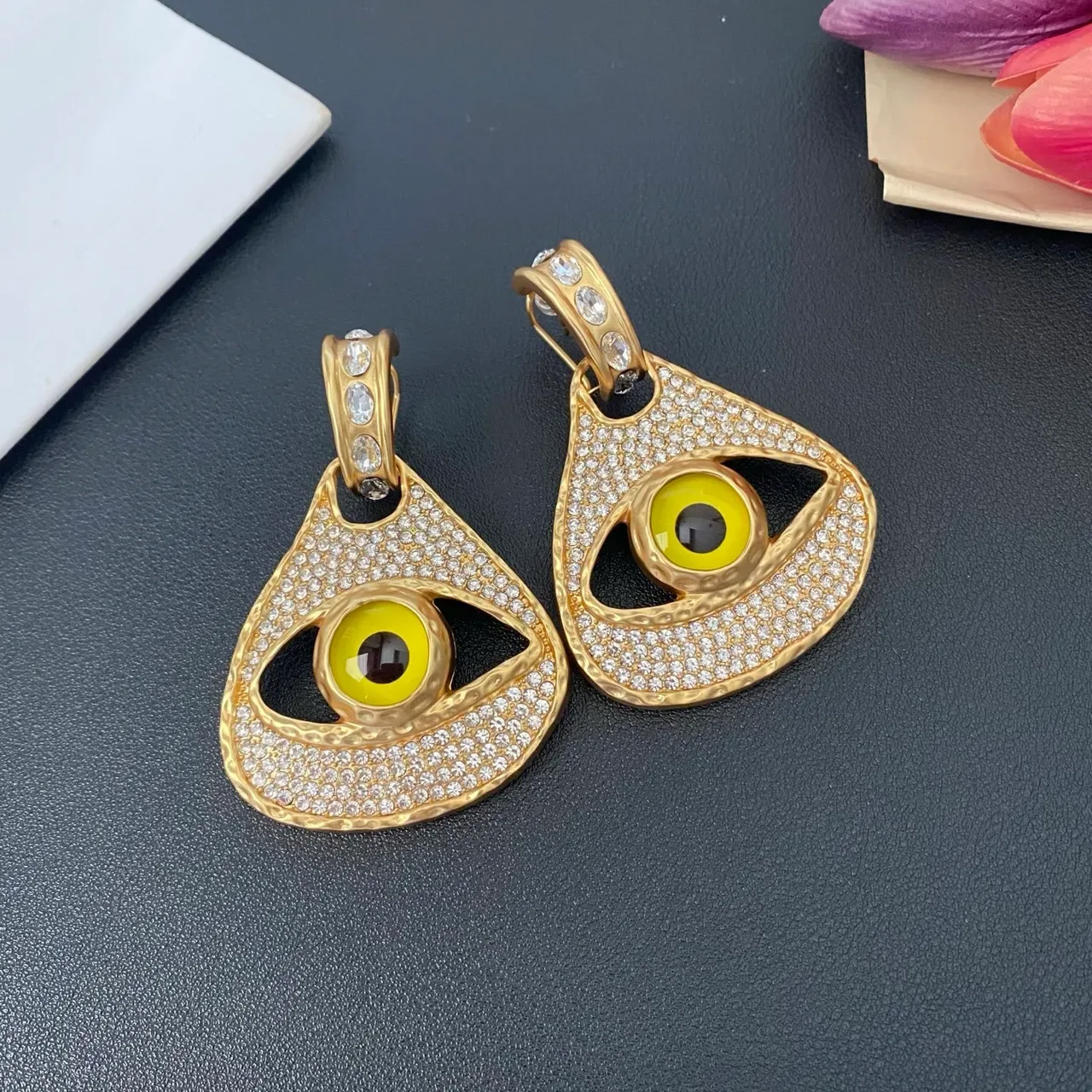 Gold-Tone Pavé Crystal Eye Motif Teardrop Earrings 6