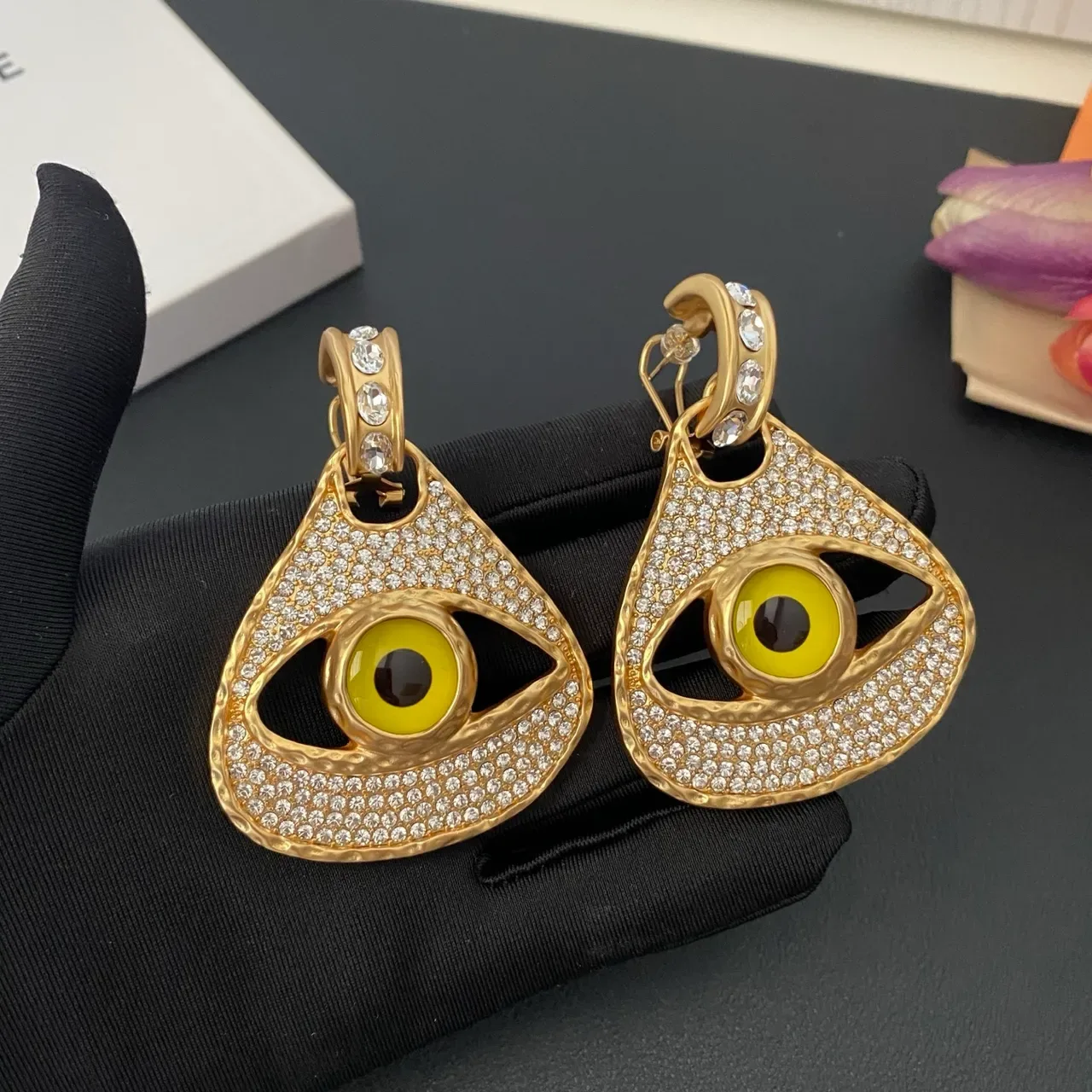 Gold-Tone Pavé Crystal Eye Motif Teardrop Earrings 7