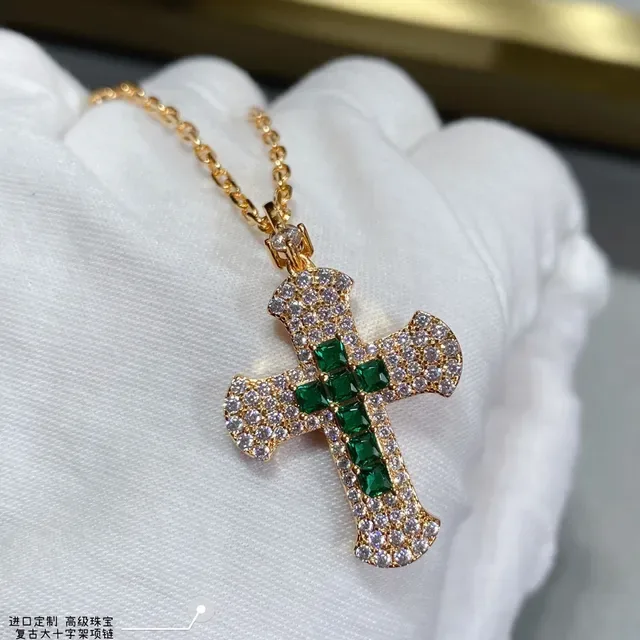 Gold-Tone Pavé-Set Emerald Cross Pendant Necklaces 2