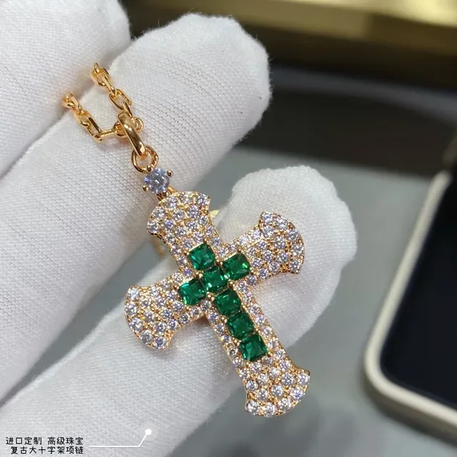 Gold-Tone Pavé-Set Emerald Cross Pendant Necklaces 3