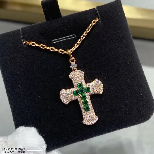 Gold-Tone Pavé-Set Emerald Cross Pendant Necklaces 4