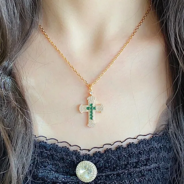 Gold-Tone Pavé-Set Emerald Cross Pendant Necklaces 5