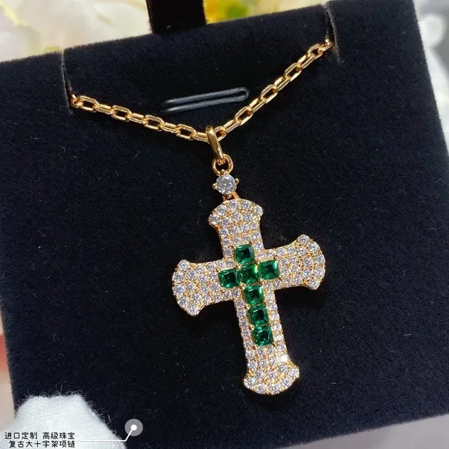 Gold-Tone Pavé-Set Emerald Cross Pendant Necklaces 6