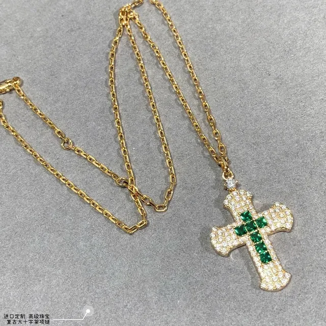 Gold-Tone Pavé-Set Emerald Cross Pendant Necklaces 7