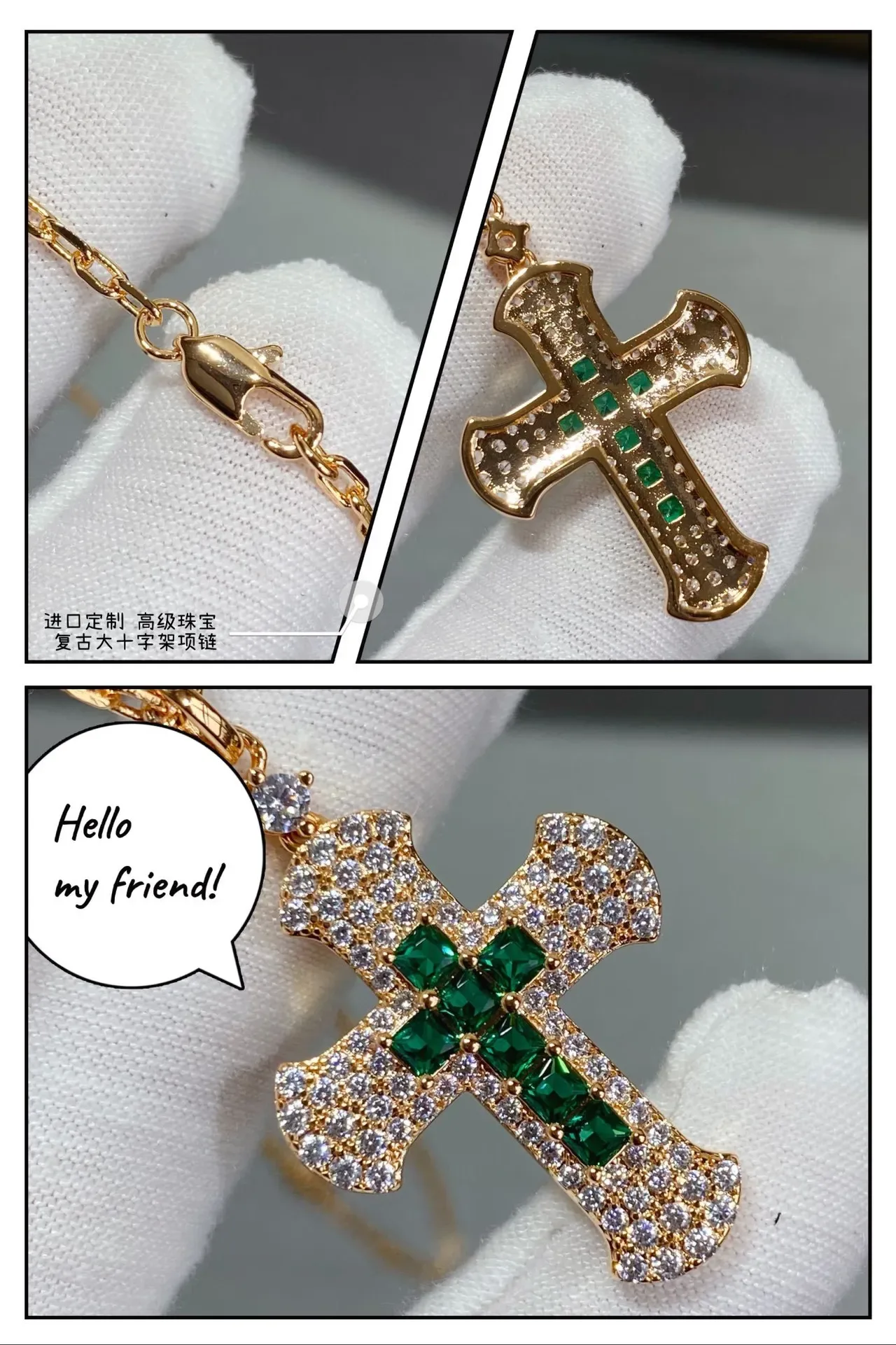 Gold-Tone Pavé-Set Emerald Cross Pendant Necklaces 8