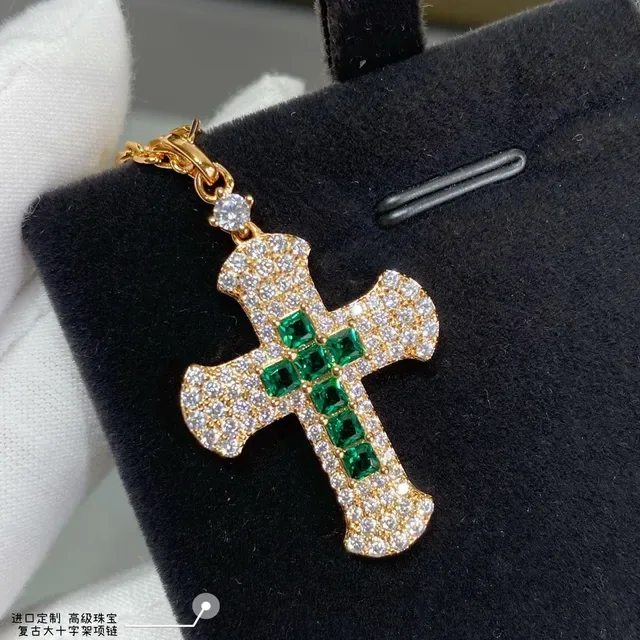 Gold-Tone Pavé-Set Emerald Cross Pendant Necklaces 9