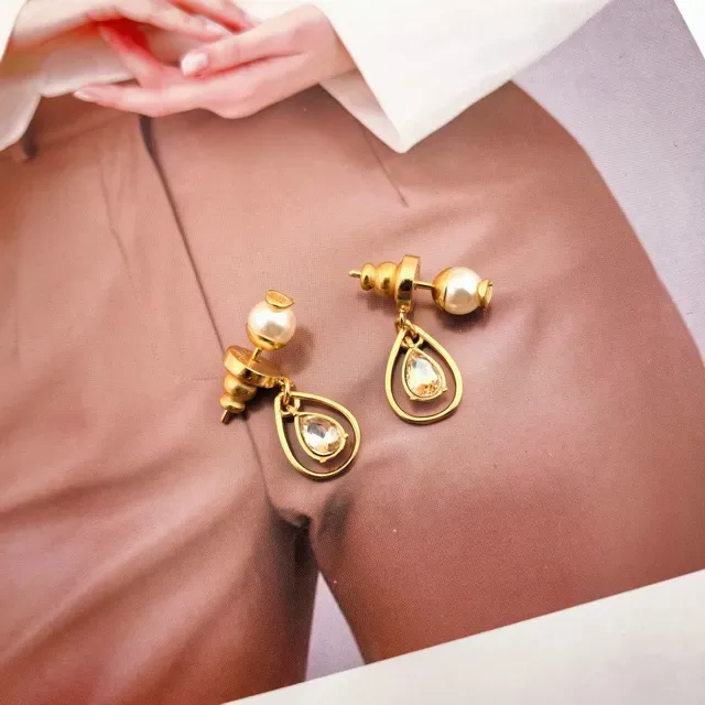 Gold-Tone Pearl and Crystal Teardrop Dangling Earrings 2
