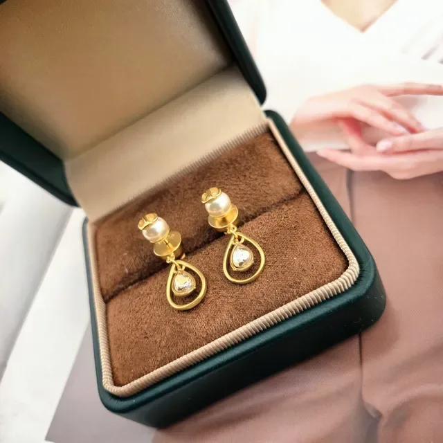 Gold-Tone Pearl and Crystal Teardrop Dangling Earrings 3