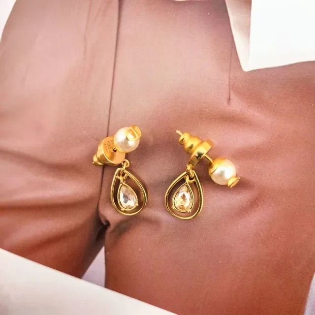 Gold-Tone Pearl and Crystal Teardrop Dangling Earrings 4